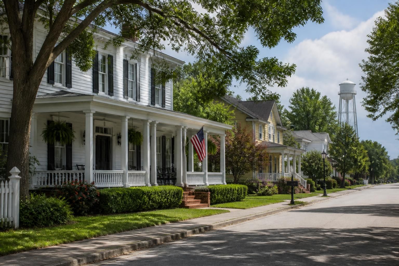 Calm residential street with historic-style homes in Burgaw