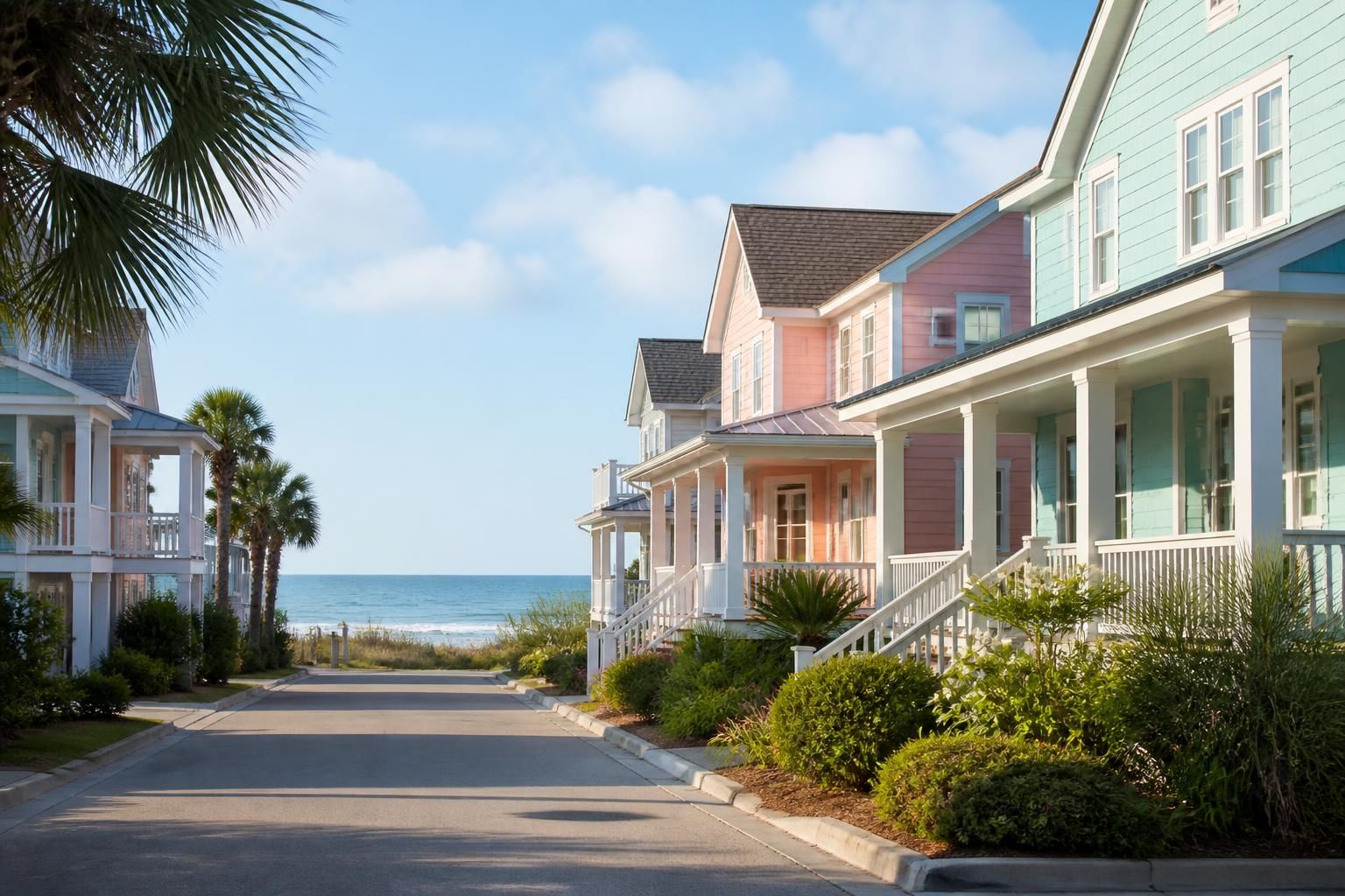 Pastel beach houses and palm accents in Carolina Beach