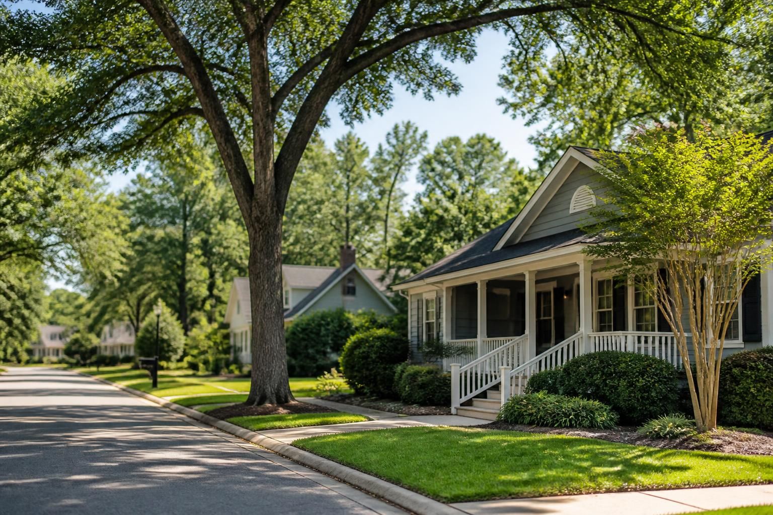 Quiet suburban homes with mature greenery in Castle Hayne