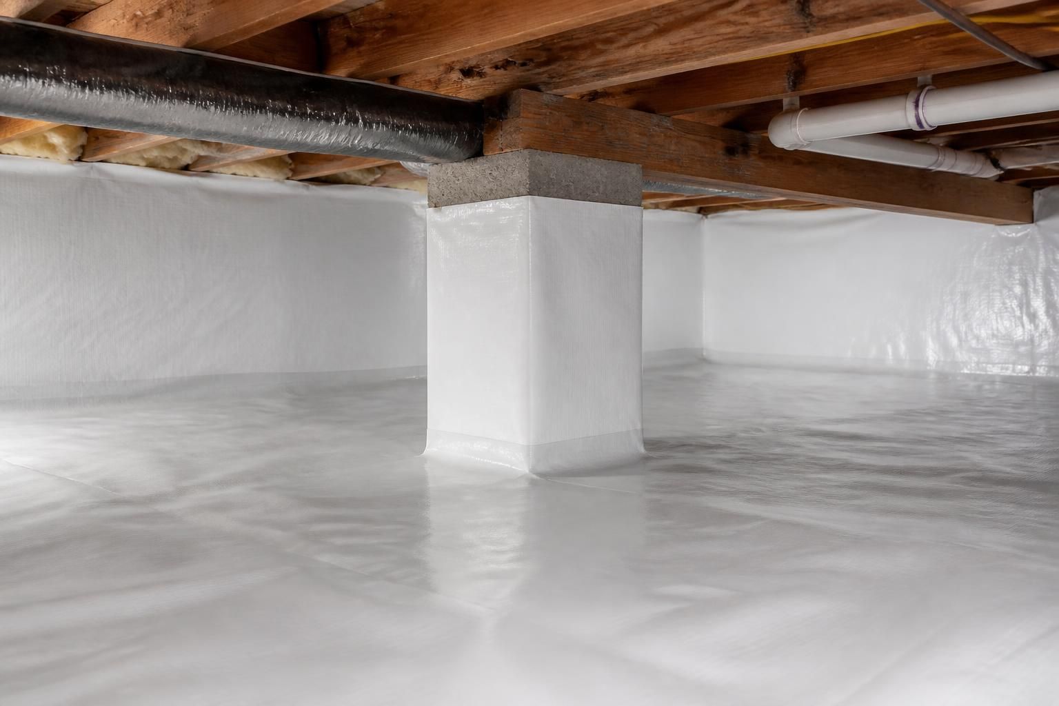 Finished crawl space with clean white vapor barrier