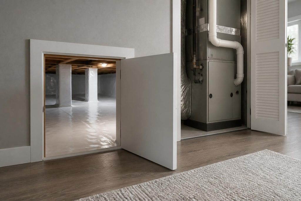 Clean crawl space encapsulation and HVAC service area in a modern home