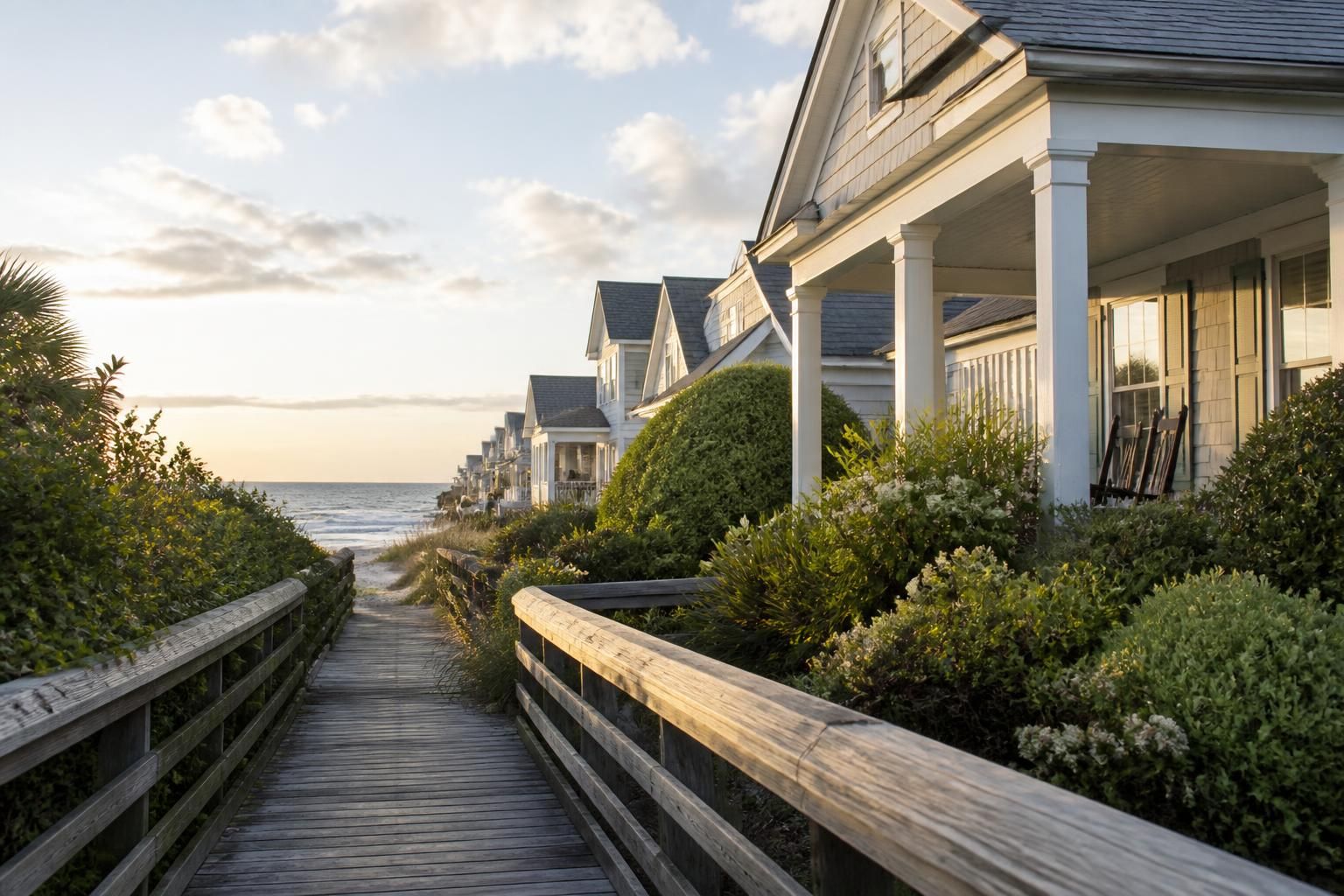 Quiet seaside homes with soft shoreline light in Kure Beach