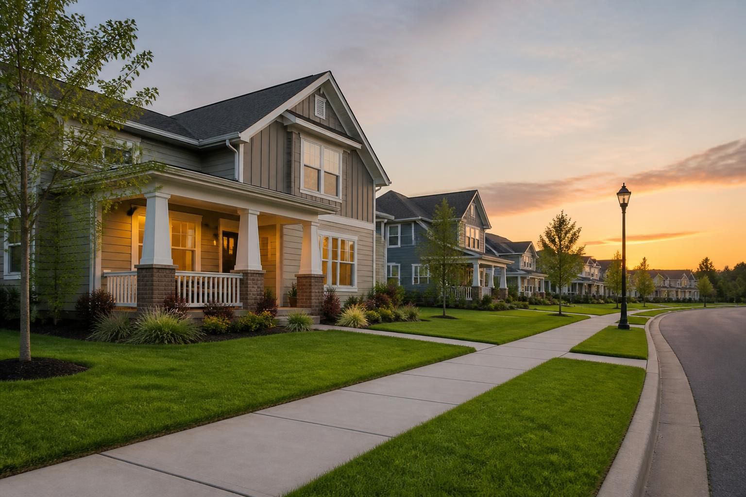 Modern neighborhood homes and trimmed lawns in Leland