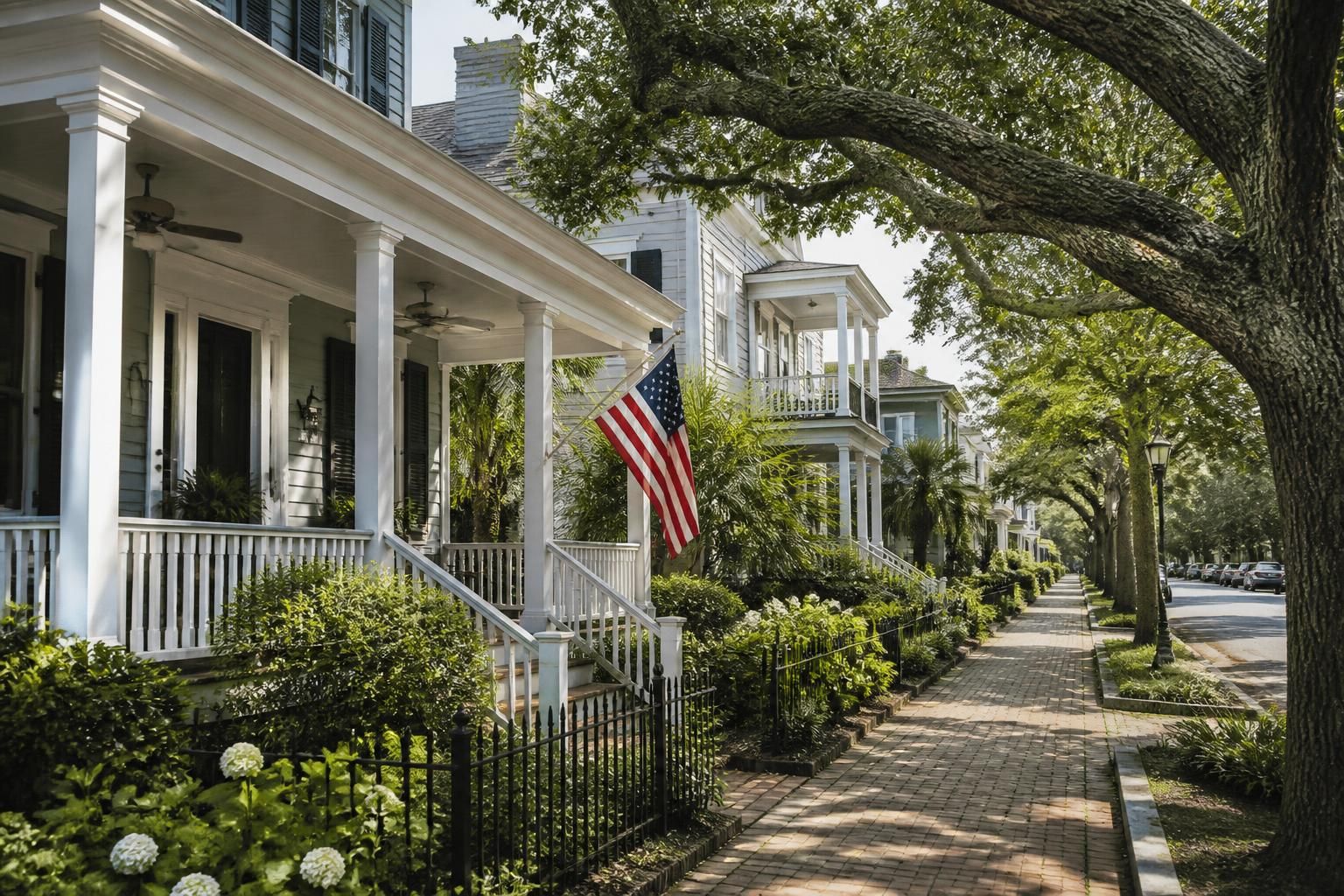 Tree-lined residential street in Wilmington, North Carolina