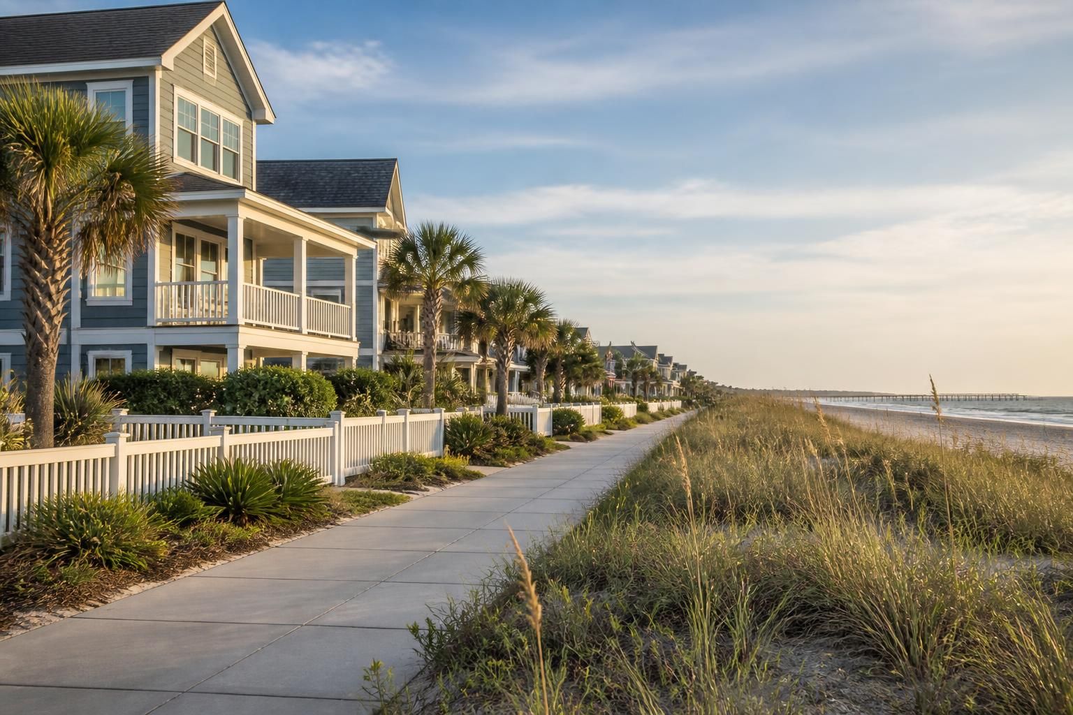 Coastal homes with dune grasses in Wrightsville Beach